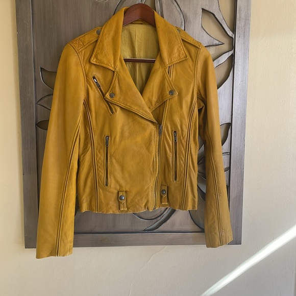 Linea Pelle Mustard Yellow Leather Moto Jacket Medium - Picture 2 of 9